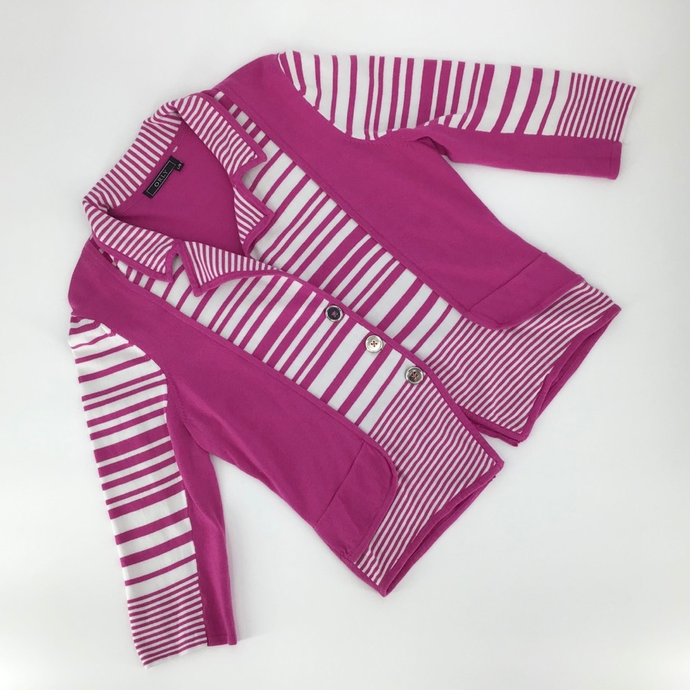 Orly Pink and White 3/4 Sleeve Cardigan, Large